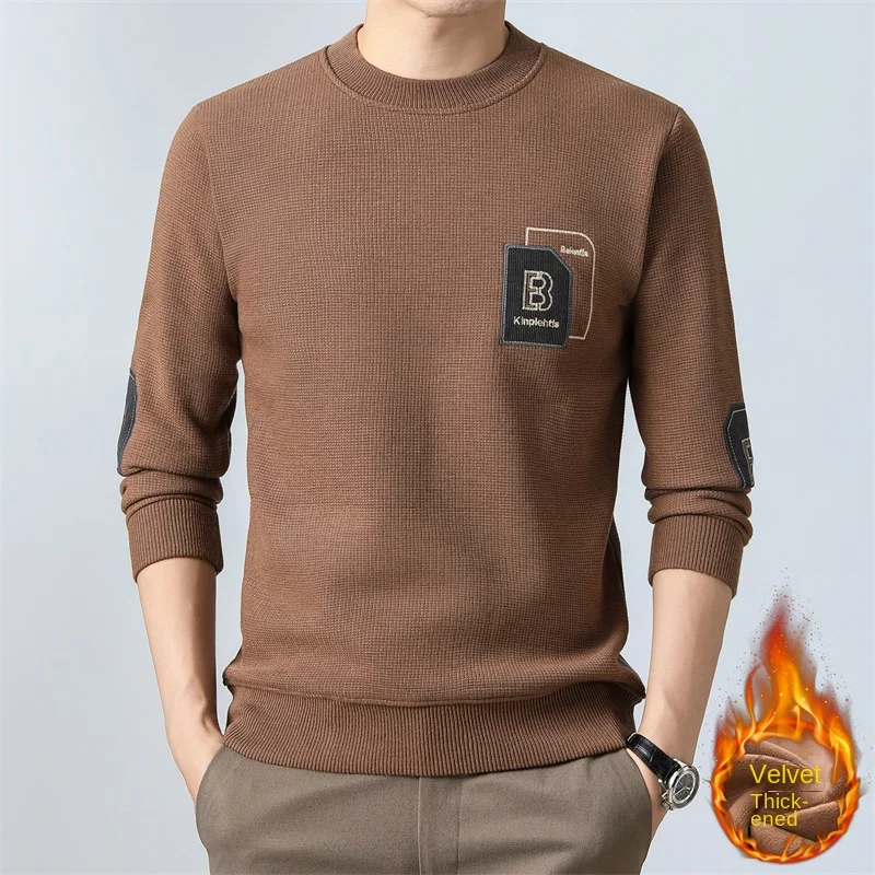 

2023 Fashion Patch Embroidery Plush Thickened Sweater Men's Autumn/Winter T-shirt Long Sleeve Casual Round Neck Warm Pullover