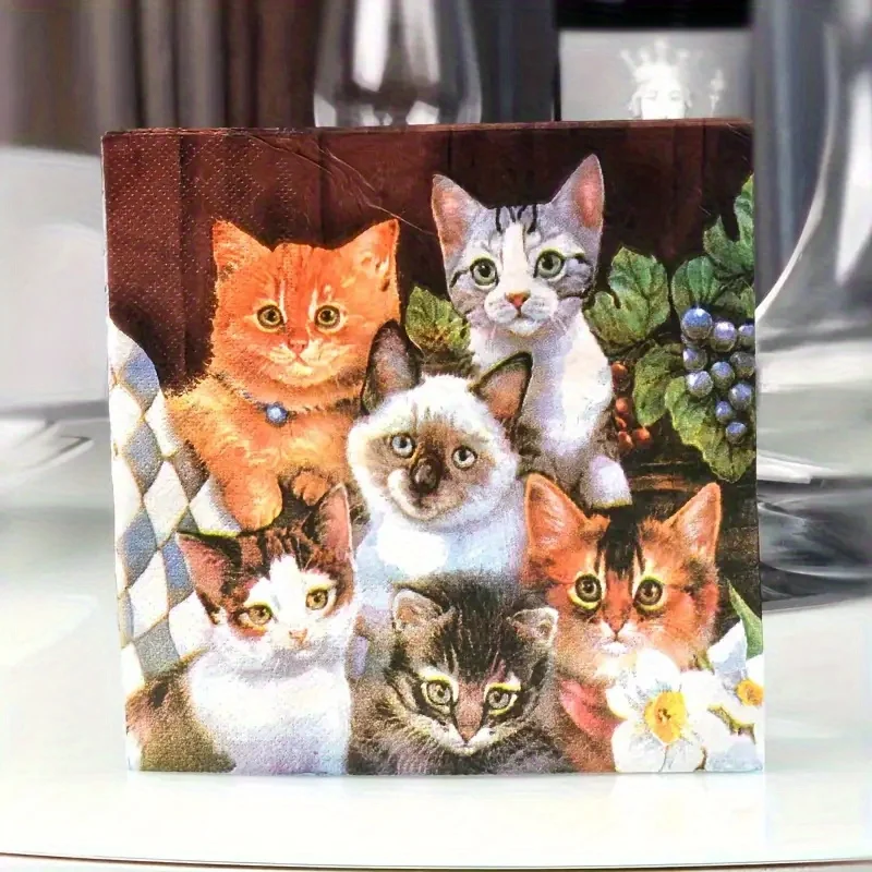 Restaurant printed cat napkins 20pcs cute kitten square animal decorative tissue board decoration holiday scene
