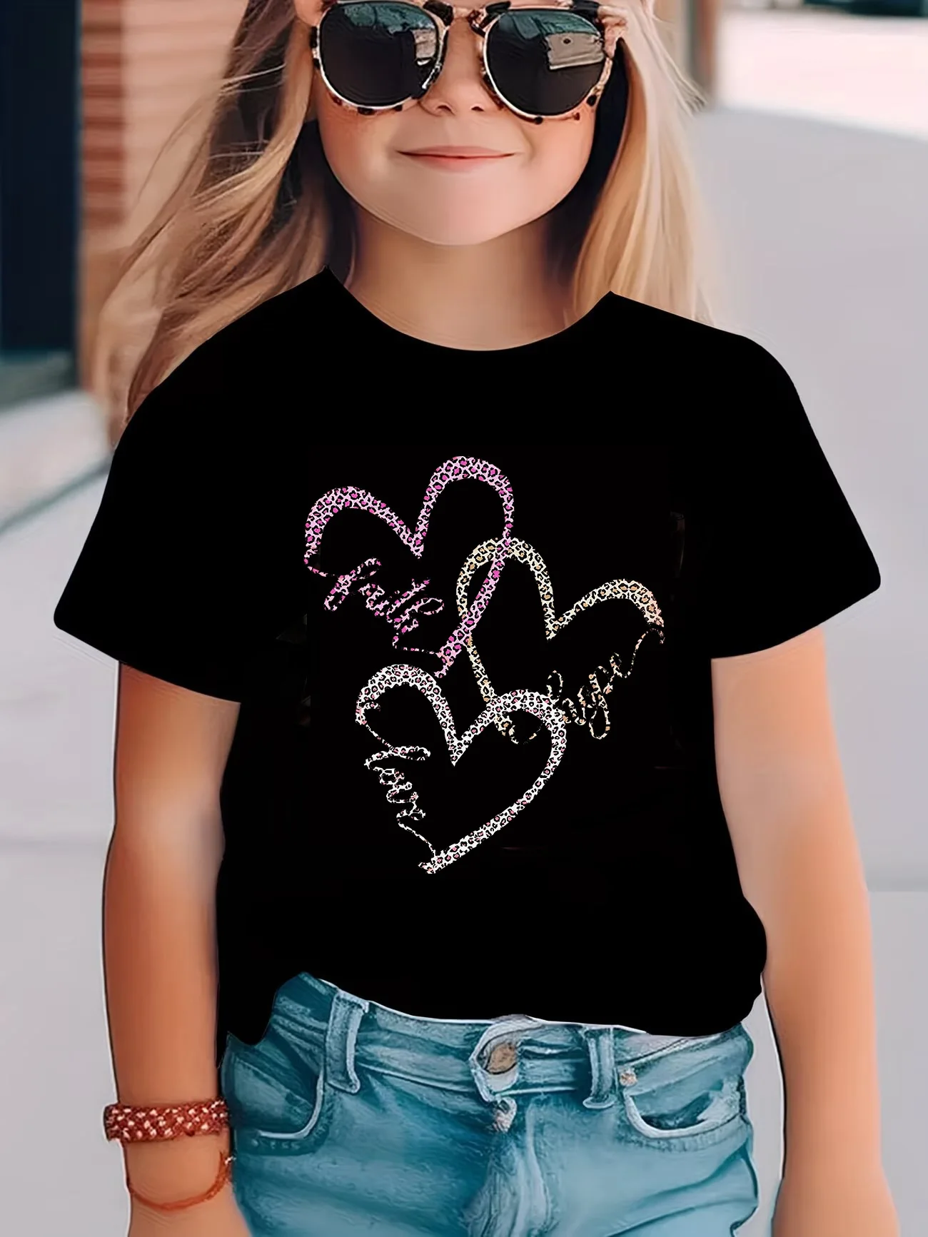 Children's Leopard Print Heart T-Shirt - Casual Spring/Summer Tee