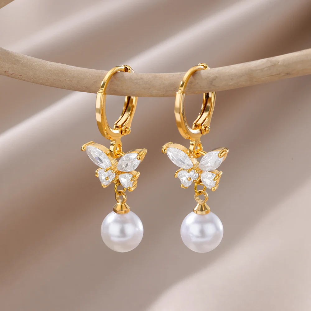 Butterfly Zircon Stainless Steel Pearl Earrings For Women