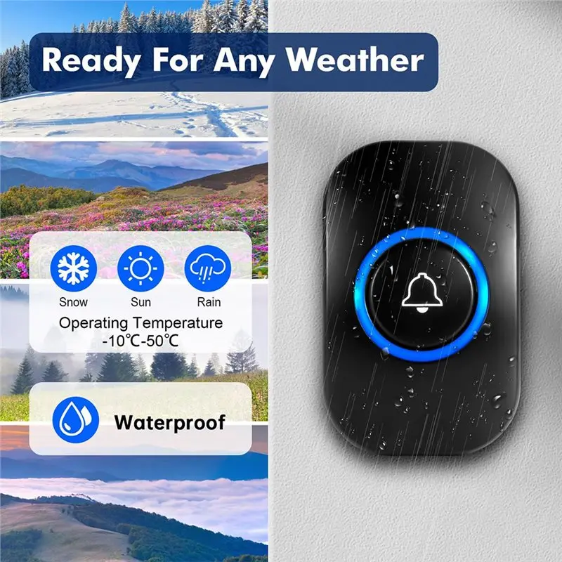 PHILE-IP55 방수 도어벨 차임벨, 60가지 멜로디, 5단계 음량 조절, 가정용 LED 점멸 디자인, EU 플러그 호환