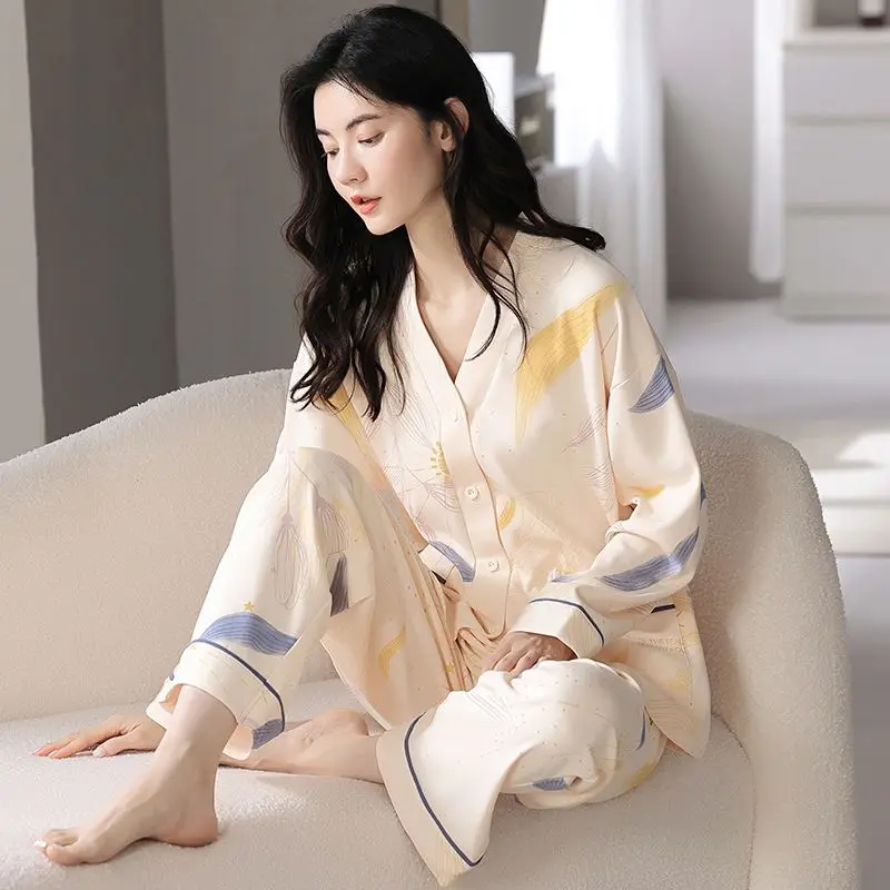 Print Sleepwear Women Pajama Sets Long Sleeve Long Pants Homewear Sets Luxury Brand Clothes Korean Chic Spring Autumn Pajamas