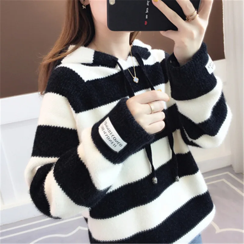 

Hooded Sweater Women's Lazy Style Thickened Autumn and Winter Stripes Imitation Mink Fleece Knitwear Women's Trend