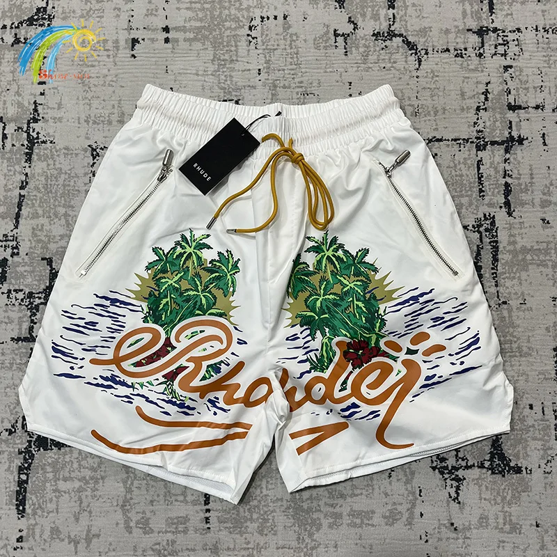 

Coconut Tree Letters Print Beach RHUDE Shorts Summer Men Woman 1:1 Casual Sand Drawstring Breeches Simple Quick Drying