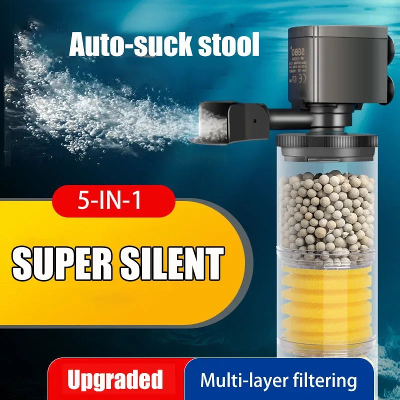 220V 5-IN-1 Silent Filter for Aquarium Turtle Fish Tank Submersible Water Pump Sponge Filter Skimmer Make Waves Accessories