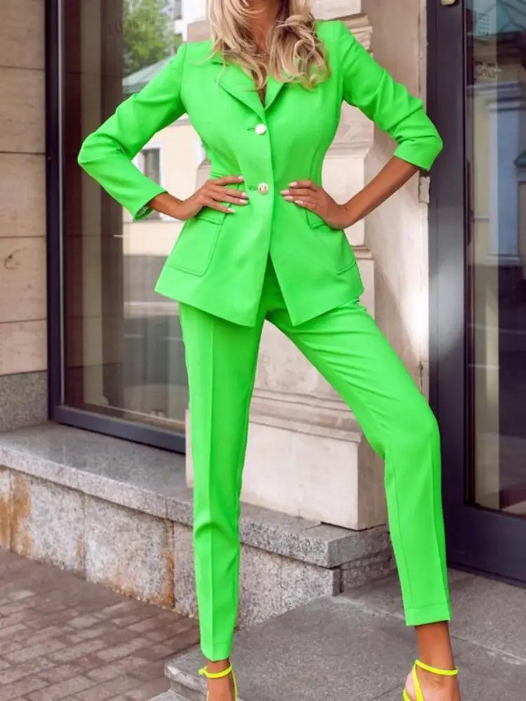 

Women's Professional Suit Sets Solid Color Lapel Long Sleeve Single Breasted Jacket Pants Autumn Winter Lady Office 2 Pieces Set
