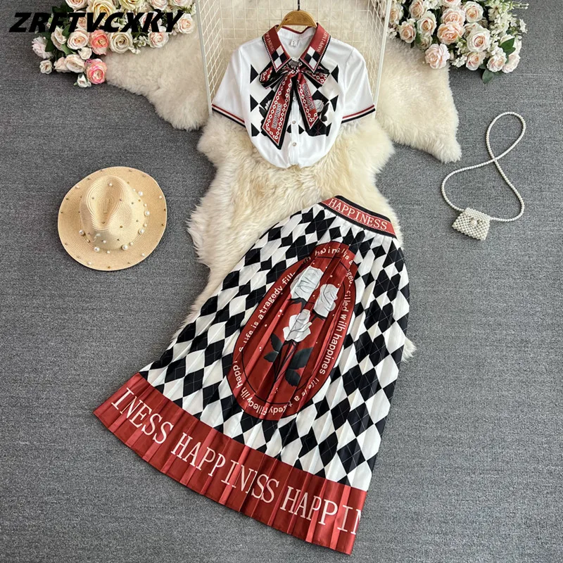 

High Quality Women Two Piece Set Fashion Bow Short Sleeve Shirt Top+Vintage Print Long Pleated Skirt Suits Ladies Runway Outfits
