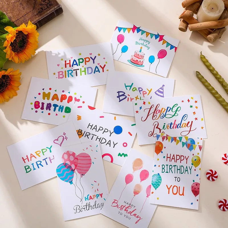 Happy Birthday Gift Cards Balloon Cartoon Assorted Greeting Card with Envelope and Sticker Birthday Party Invitation Card 10Sets birthday greeting cards