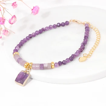 Adjustable Amethysts Chain Bracelets For Women Natural Stone Square Pendant Charm Bracelet Men Faceted Mini Beads Crystal Bangle