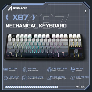 ATTACK SHARK X87 Wireless Mechanical Keyboard, Tri Mode-BT/2.4G/Wired, Hot-swappable Linear Switch, Side-printed PBT Keycap, RGB