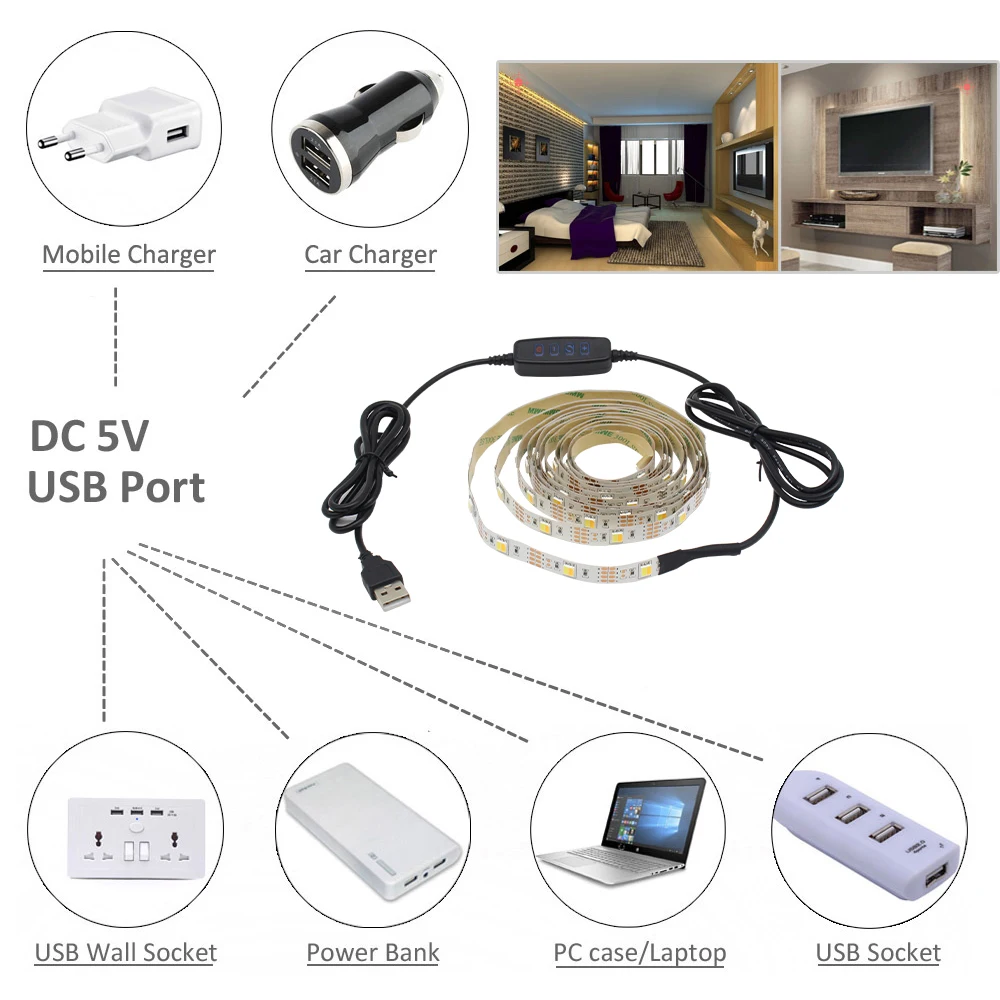 5V USB LED 조명 스트립 밝기 조절 SMD 5050 유연한 1M 2M 3M CCT LED 테이프, TV 거실 장식 조광기 스위치 포함