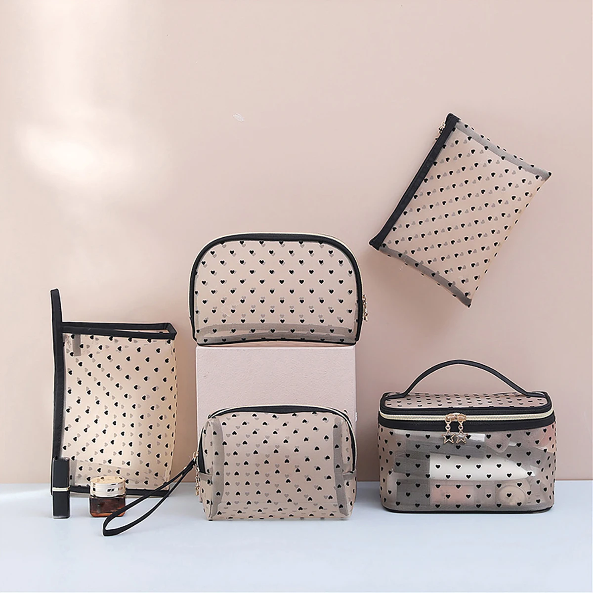 5pcs/Set Mesh Makeup Bags Black&Heart Portable Cosmetic Pouches Washbag 2