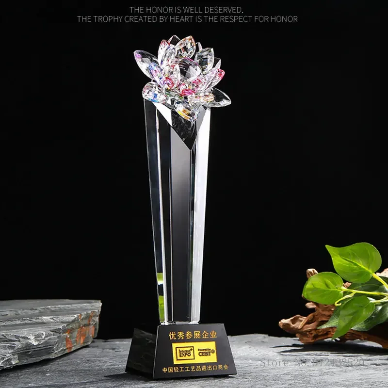Customized Colorful Lotus Shaped Crystal Trophy, Lettering, Enterprise Staff Award Souvenir, Home Decor Gifts, High-grade, 1Pc