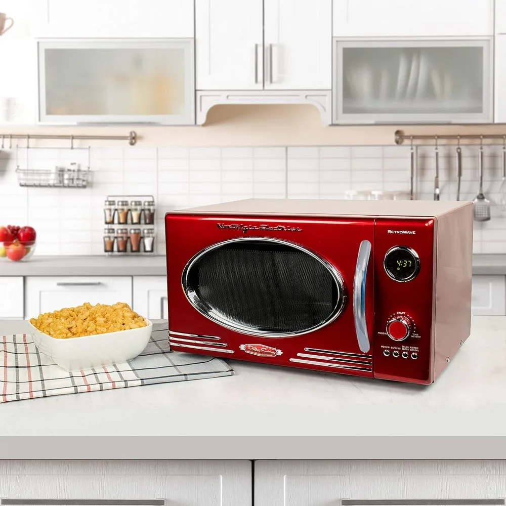 Retro Large 0.9 cu ft Countertop Microwave Oven, 12 Pre-Programmed Cooking Settings, Digital Clock,Metallic Red 6