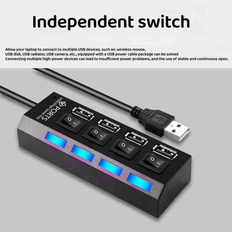 7포트 USB 2.0 허브 어댑터 (LED 표시등 포함, 개별 켜기/끄기 스위치, 고속 USB 분배기, USB-C 장치 OTG 연결)