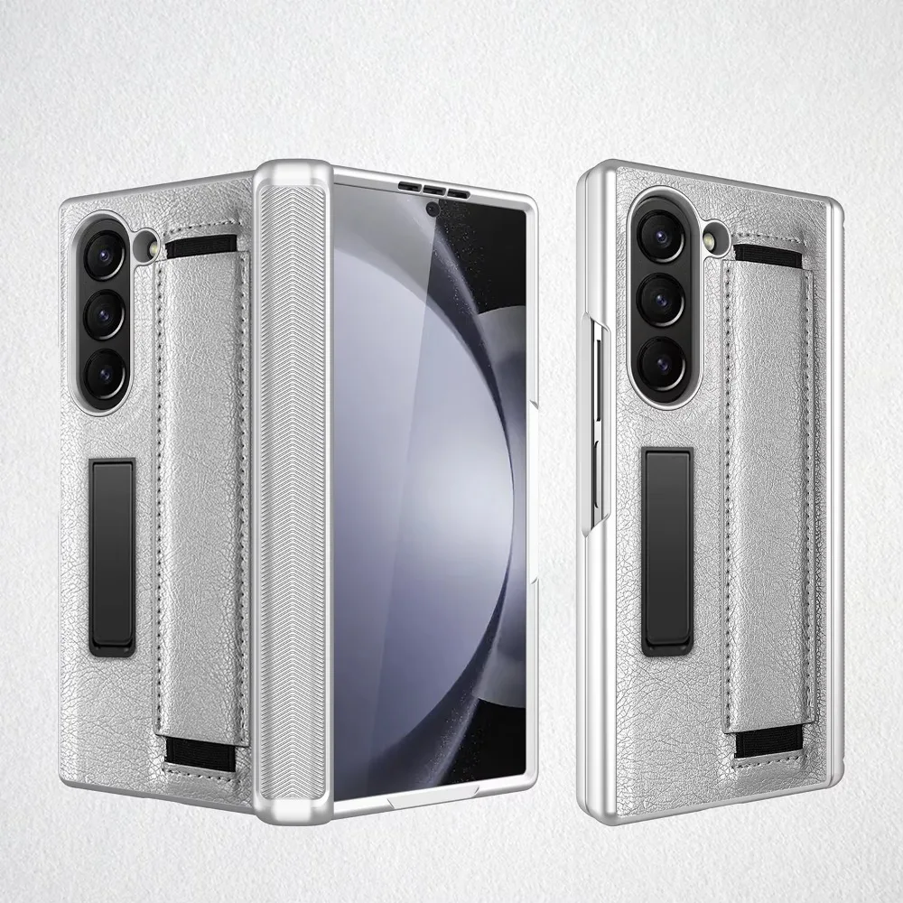 Full Coverage Hinge Protective Kickstand Leather Wristband Phone Case with Screen Protector