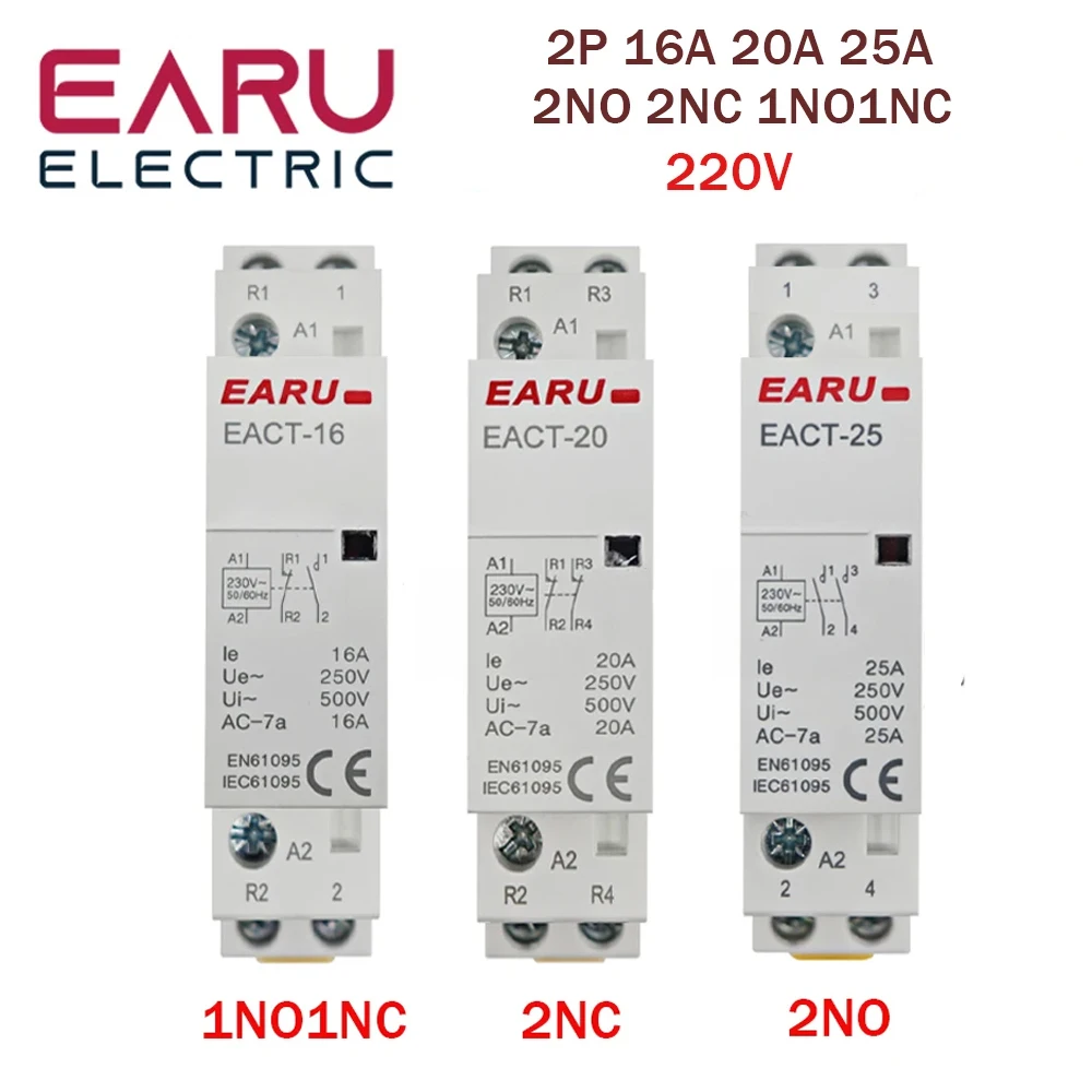 Earu EACT-2P-25 Modular AC contactor for home DIN rail mount 2P, 16A, 20A, 25A, 1NO, 1NC, 2NO, 2NC, AC, 220V, 230V, 50/60Hz, for smart home hotel
