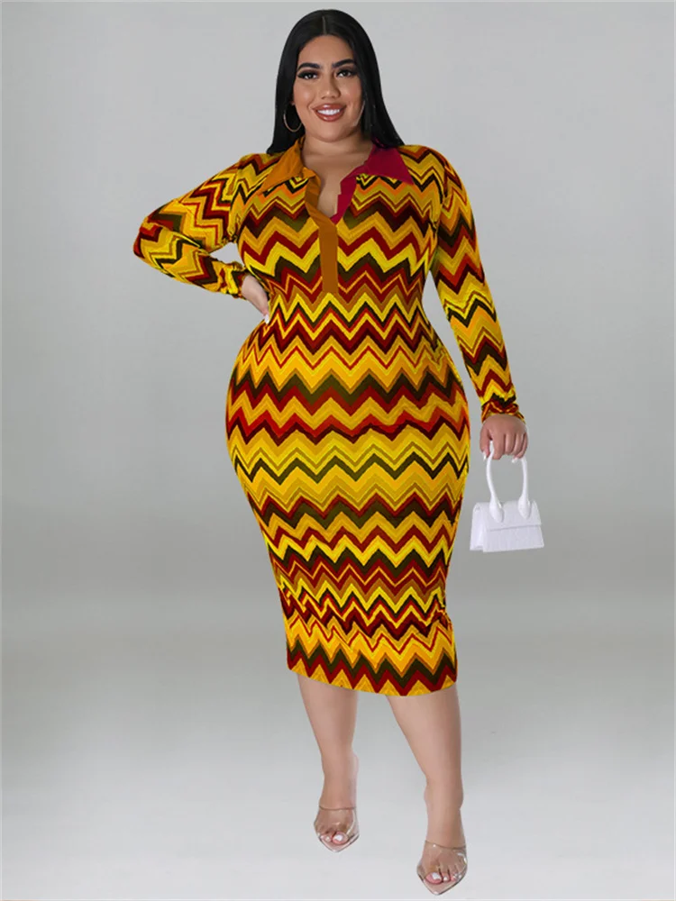 Wmstar Plus Size Dresses for Women Clothes Striped Long Sleeve V Neck Casual Fashion Shirts Maxi Dress Wholesale Dropshipping