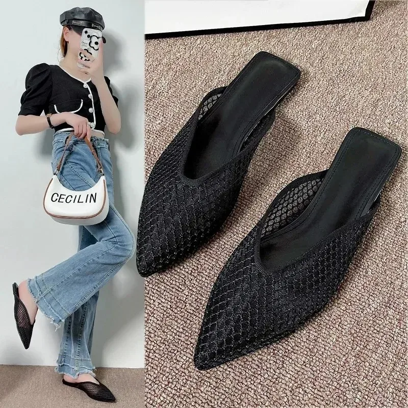 Mesh Women Flats Pointed Toe Slippers Breathable Mules Shoes Casual Slingback Sandals Summer Slides Lady Flip-flops