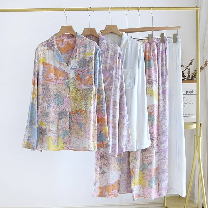 Printed Long Sleeved Pants Home Clothing Set for Women's Spring and Summer Newest Cotton Pajamas Smooth Drape Feeling Pajamas