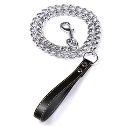 Durable Metal Chain Dog Leash with Stylish Leather Handle (Black)
