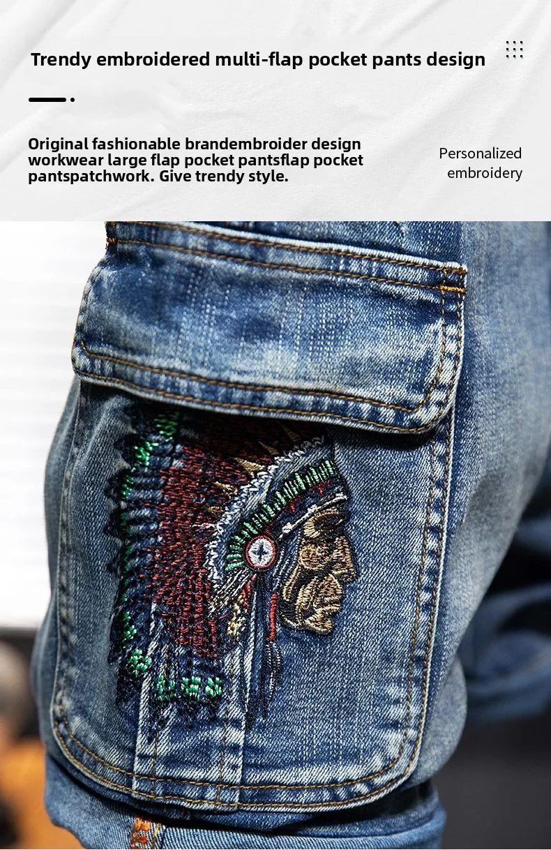 Embroidery Multi-pocket Denim Shorts Men's Pants Large Size Loose Outer Wear Medium Pants Summer Cargo Jeans Denim Short Men
