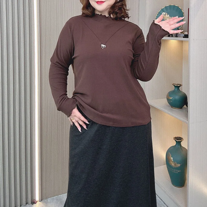 Autumn Winter T-Shirt New Lace Stand Collar De Velvet Warm Undershirt Women Plus Size Loose Fashion Inside Long Sleeve Tops 929