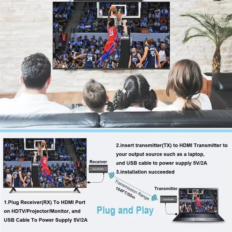 50M HDMI-Compatible Wireless Video Audio Transmitter Receiver 1 TX TO 2 RXS 1080P@60Hz Extender From PC to Projector & Monitor