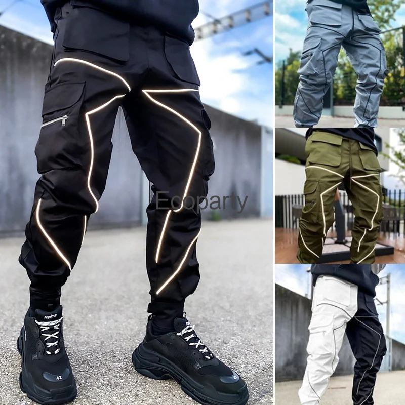 

Men's Casual Patchwork Cargo Pants Autumn Black High Waisted Striped Multi Pocket Jogging Sports Fitness Hip Hop Jogger Trouser