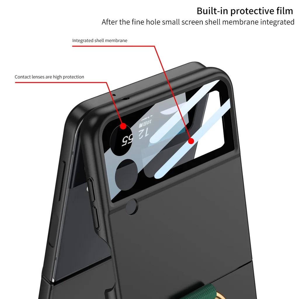 For Samsung Galaxy Z Flip 3 Case Ultra Thin Skin Friendly Matte Wrist Strap Metal Ring Bracket Mirror Film Shockproof Cover