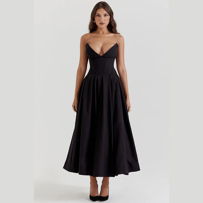 

JY23673 Autumn New Sexy Bra Long Style Fashionable Sharp Corner Fishbone Waist Tie A-Line Dress For Women