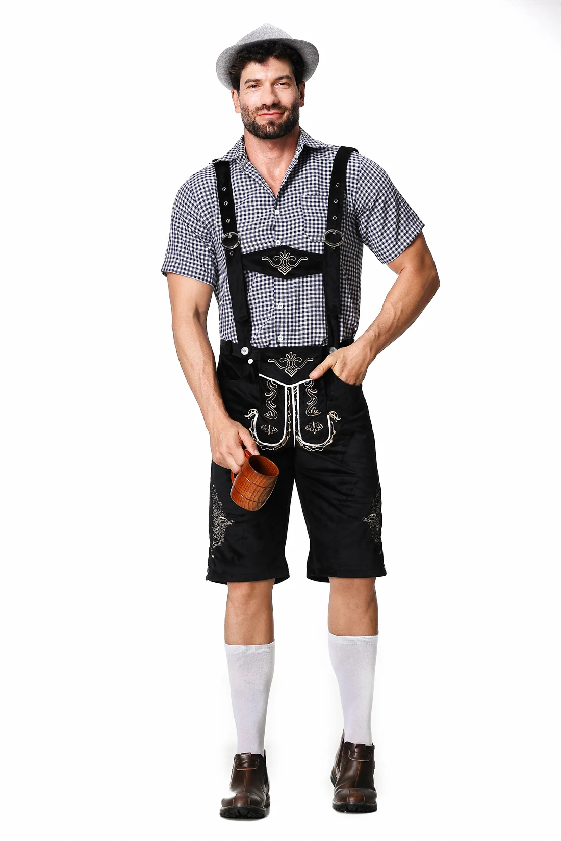 M-XXL German Oktoberfest Men Festival Costume Set Short Sleeve Plaid Shirt Suspenders Hat for Beer Festival Halloween men festival costume set