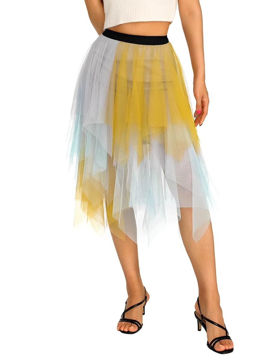 

Women Mesh Midi Skirt Layered Pleated High Waist Party Tulle Tutu A-line Pleated Flowing Skirts