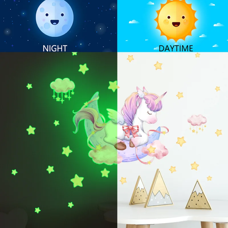 Unicorn Stars Luminous Wall Sticker Baby Kids Room Decoration Decals Bedroom Background Decor Glow In The Dark Wall paper Luminous Wall Stickers