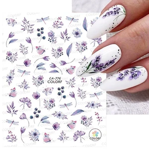3D наклейки для ногтей с фиолетовыми цветами, зеленые листья, цветочные вишни, весенние Водные Наклейки для дизайна ногтей, слайдеры, маникюр, Бабочка, Типсы для ногтей, Декор