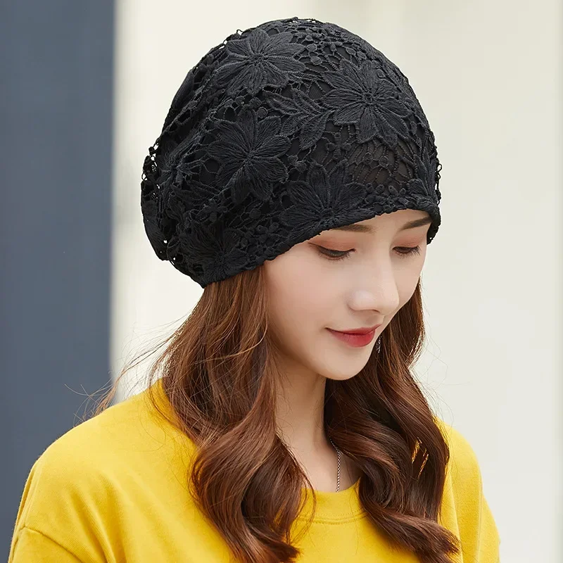 New Bonnet for Women Hollow Big Flower Skullies Hat Summer Breathable Sun Hats Street Fashion Women Beanies Cap 5