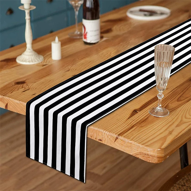 Description Picture 4 of itemClassic Black and White Striped Table Runner Elegant Polyester Wood GrainTable Decor for Indoor Outdoor Halloween Banquet Party