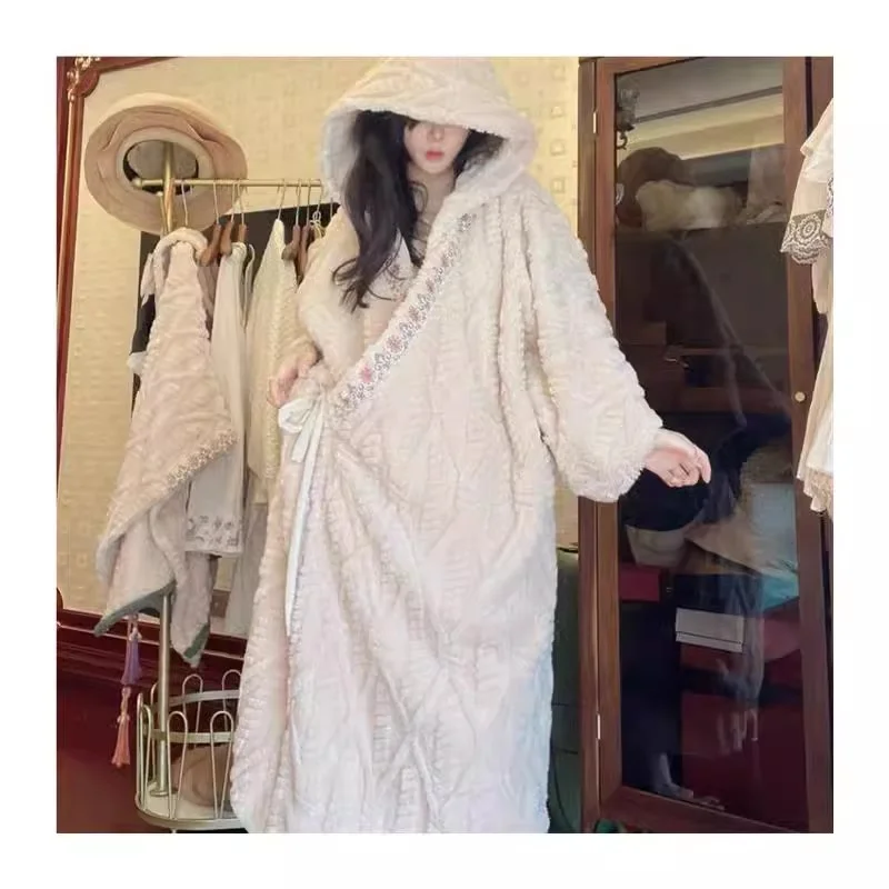 Embroidery Hooded Pajamas Women's Autumn Winter Coral Velvet Long Pajamas Women's Plush Thick Home Clothes Outerwear Lace-Up XXX