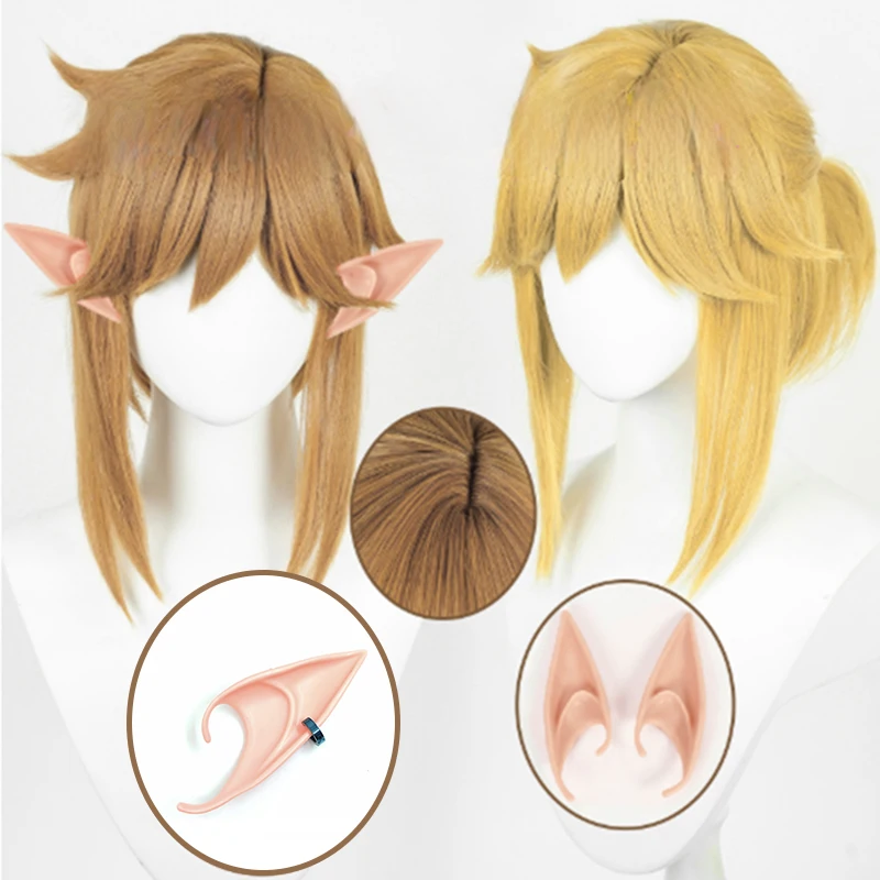 

Anime Link Cosplay Wig Yellow Brown Wigs with Ear Earrings Heat Resistant Synthetic Hair for Men Women Halloween Party