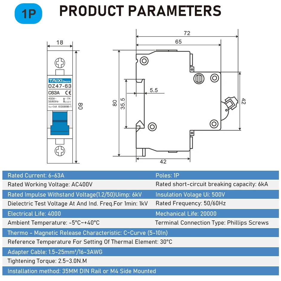Circuit Breaker AC Circuit breaker MCB DZ47 6A 10A 16A 20A 25A 32A 40A 50A 63A 220V Circuit Overload Disconnect Short Protection