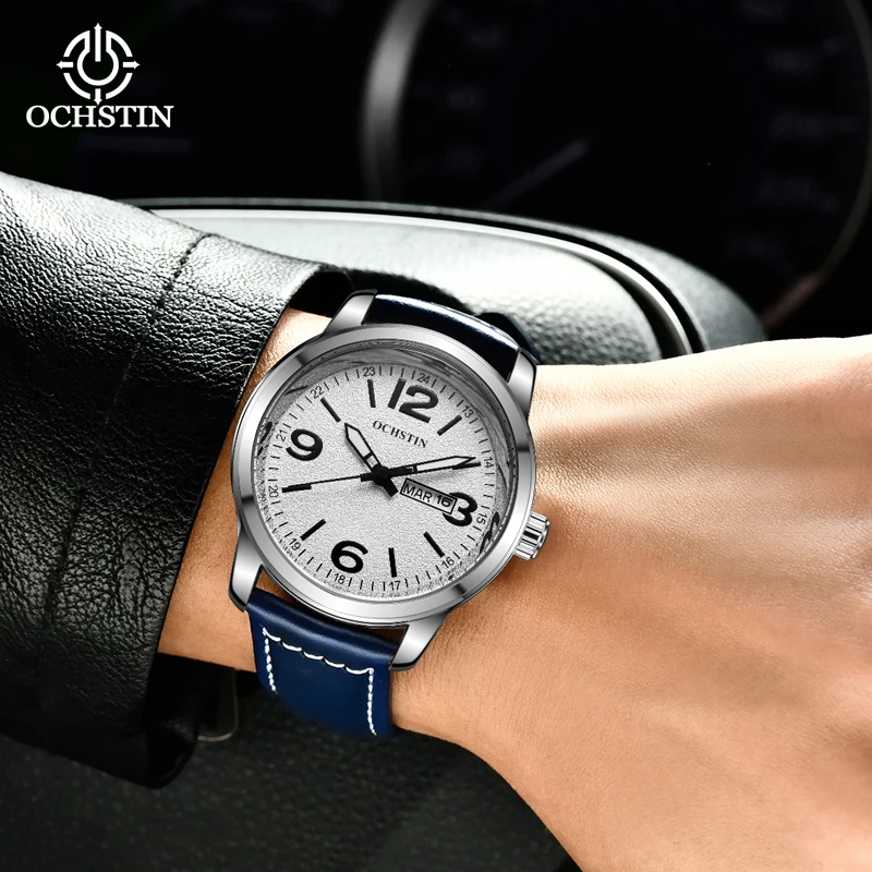 OCHSTIN Mens Pilot Watch Analog Quartz Date Day Navy Blue Leather NATO Nylon Strap Military Sports Male Clock Gift for Boyfriend