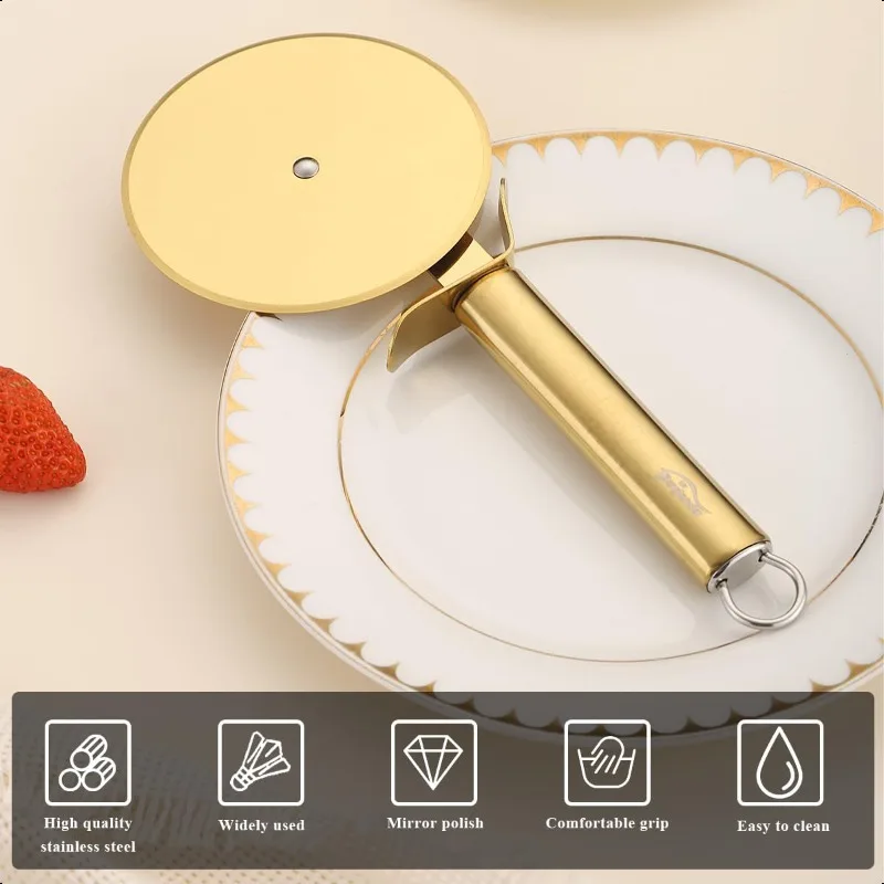 Berglander Pizza Wheel Golden Titanium Plating Stainless Steel Pizz Cutter Super Sharp Pizza Slicer With Titanium Golden Plating