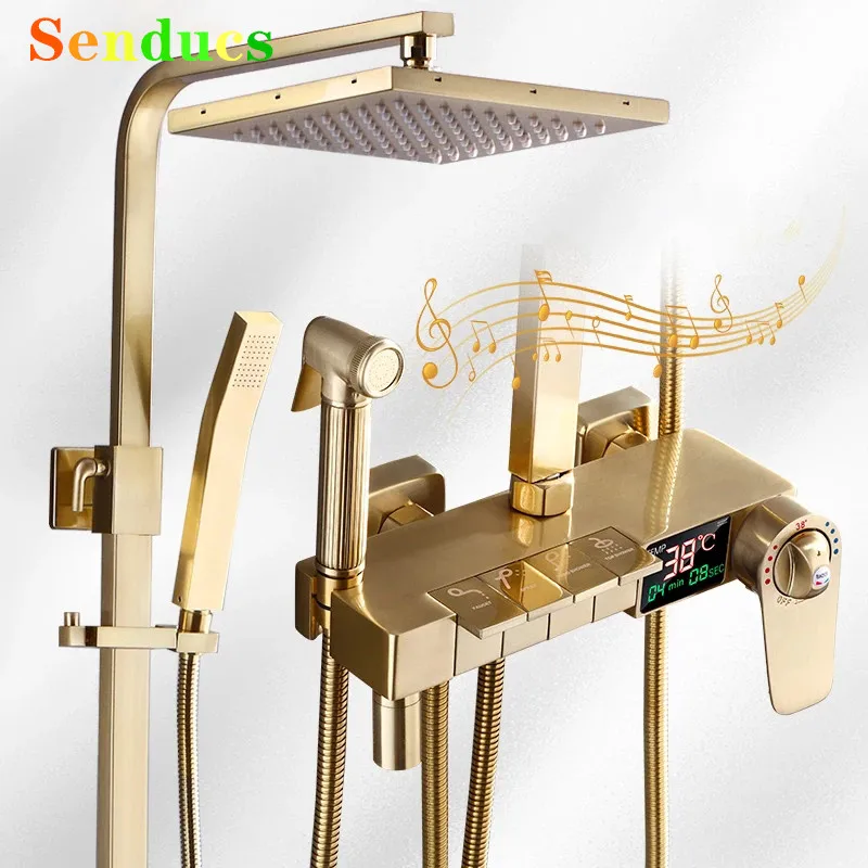 Brushed Gold ดิจิตอลห้องน้ําชุดฝักบัว Thermostatic ห้องน้ําระบบทองเหลืองคุณภาพร้อนเย็นห้องน้ํา Mixer ก๊อกน้ําแตะ 1