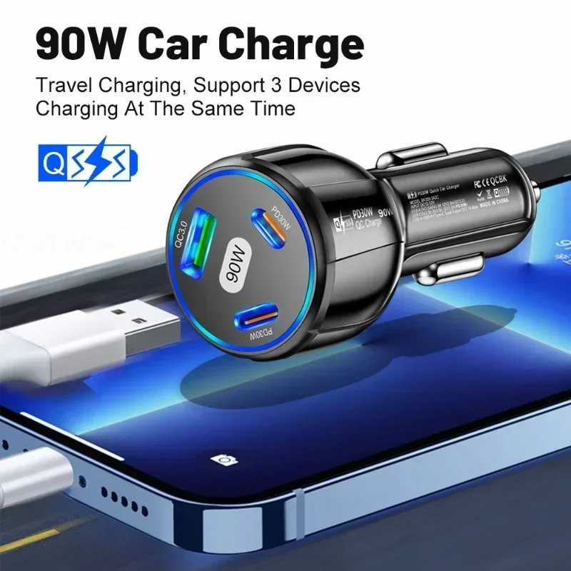 90W Fast Charger 3 Ports PD USB Car Charging Mobile Phone Type-C Adapter Quick Charger in Car for IPhone 14 15 Pro/Max Samsung