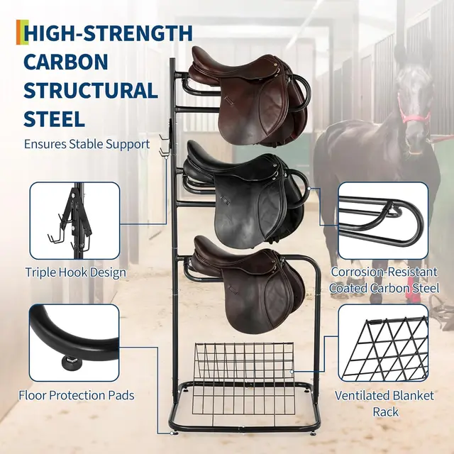 Heavy Duty 3 Tier Freestanding Saddle Rack Stand, 76cm x 76cm x 173cm Rotatable & Removable Arms, Horse Tack Organizer for English & Western Saddles, Blankets & Gear, Black Stable Storage