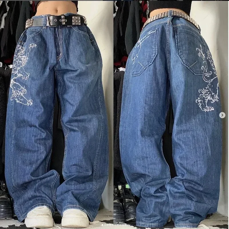 Streetwear New American Super-large Geometric Print Pattern Washed Straight High-waisted Jeans Female Y2K Fashion Gothic Jeans