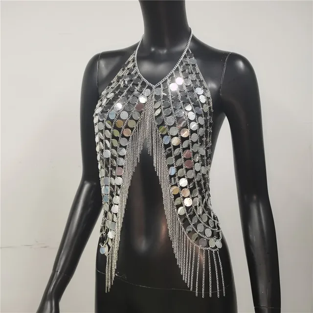 Metallic Sequin Backless Tassel Tops 27