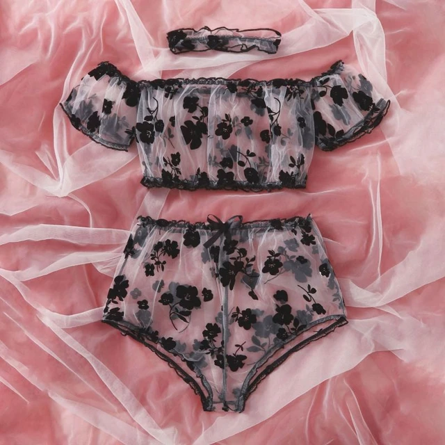 Conjunto de lingerie sexy plus size, conjunto de sutiã e calcinha bordados  de malha plus size feminino com 2 peças