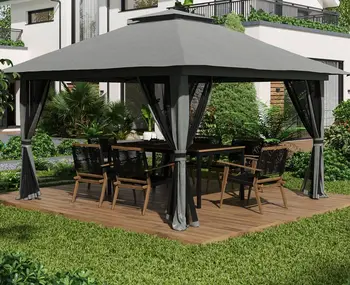 Padiglione pieghevole Padiglione da giardino pop-up 4x4m con protezione UV, tetto a doppio strato, resistente alle intemperie, grigio scuro 1