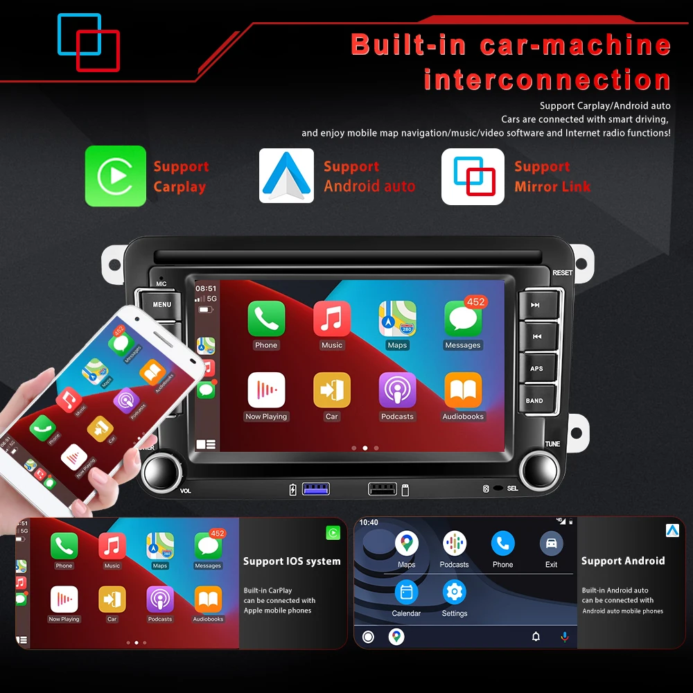 Hikity Android Autoradio Carplay sans Fil pour VW Golf 5 6 Polo